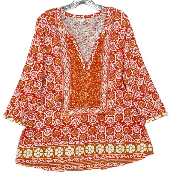 Lucky Brand Womens Plus Size Top Tunic 2X Orange Red V Neck Peasant Boho Light - Picture 1 of 8